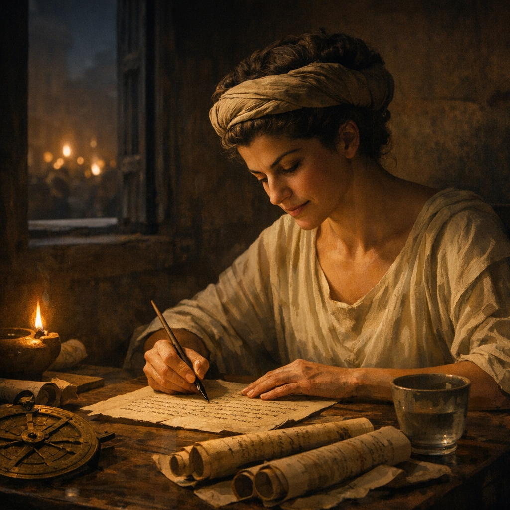 Hypatia writing her final lecture, lamp burning low