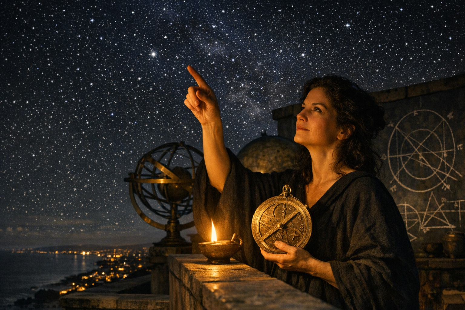 Hypatia at her observatory, tracing the stars