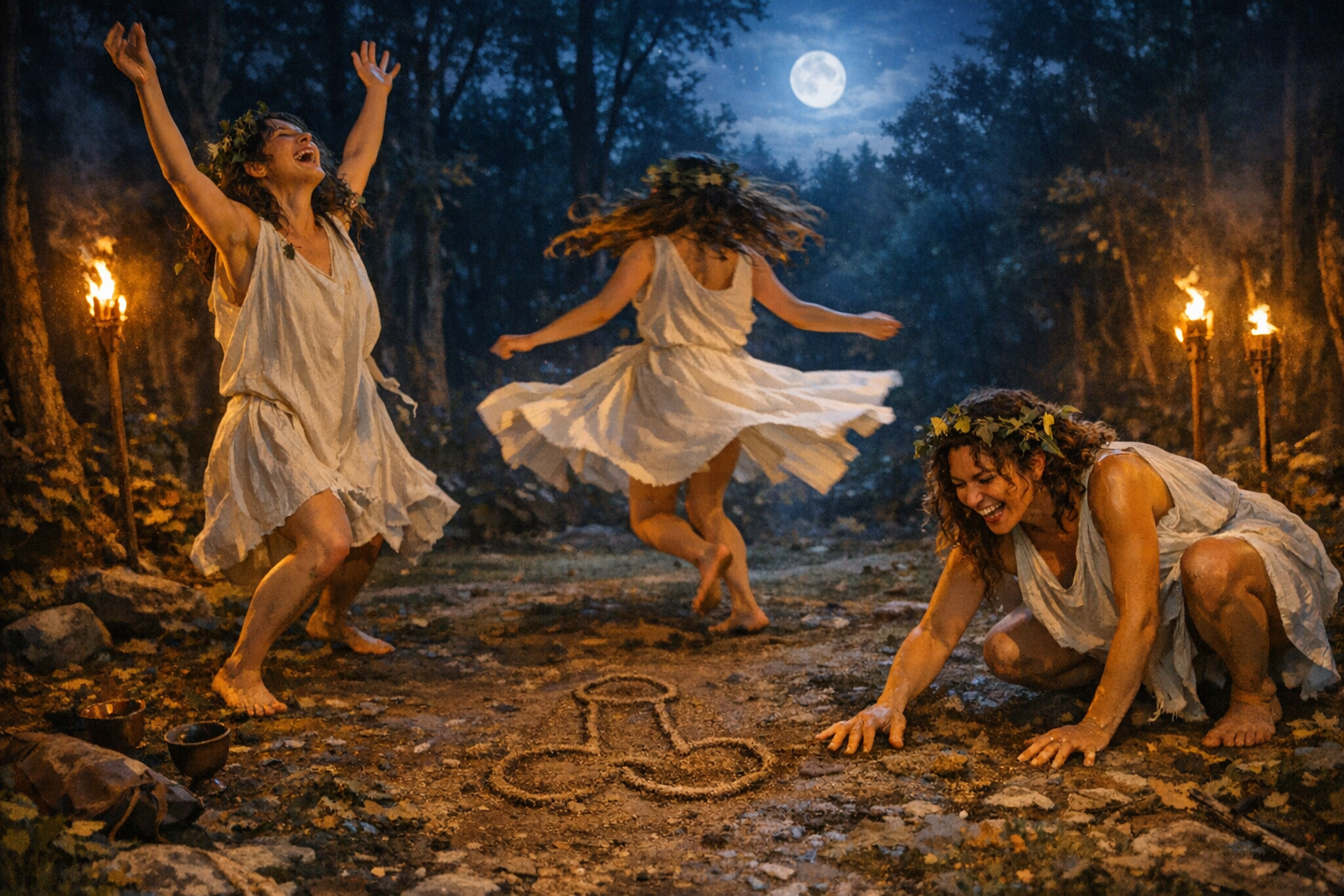 The Maenads dancing in moonlight