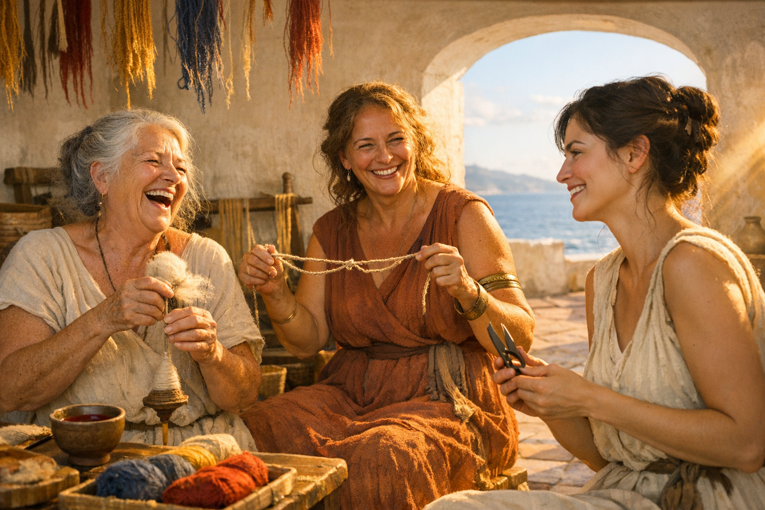 The Moirai — three sisters weaving, measuring, cutting